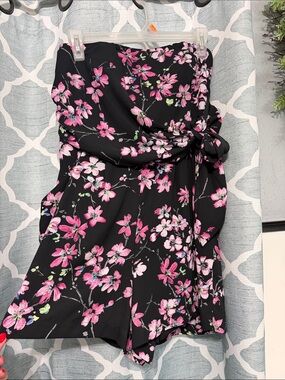 Express Strapless Black Romper Dress with Pink Floral Print